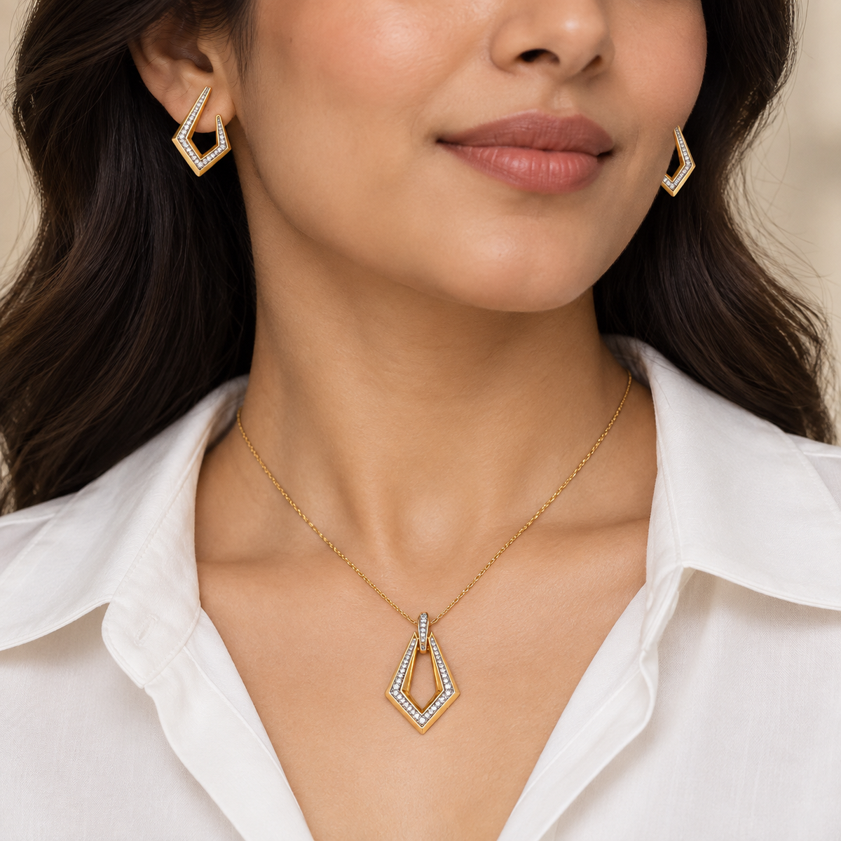 Geometric Open Diamond Pendant and Earrings Set