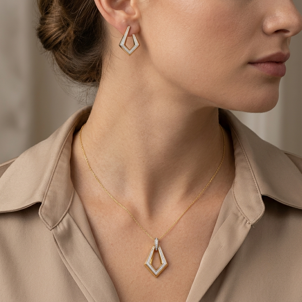 Geometric Open Diamond Pendant and Earrings Set
