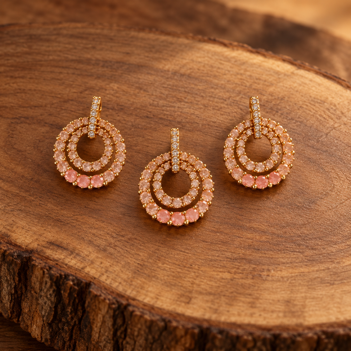 Peach Double Circle Crystal Pendant and Earrings Set