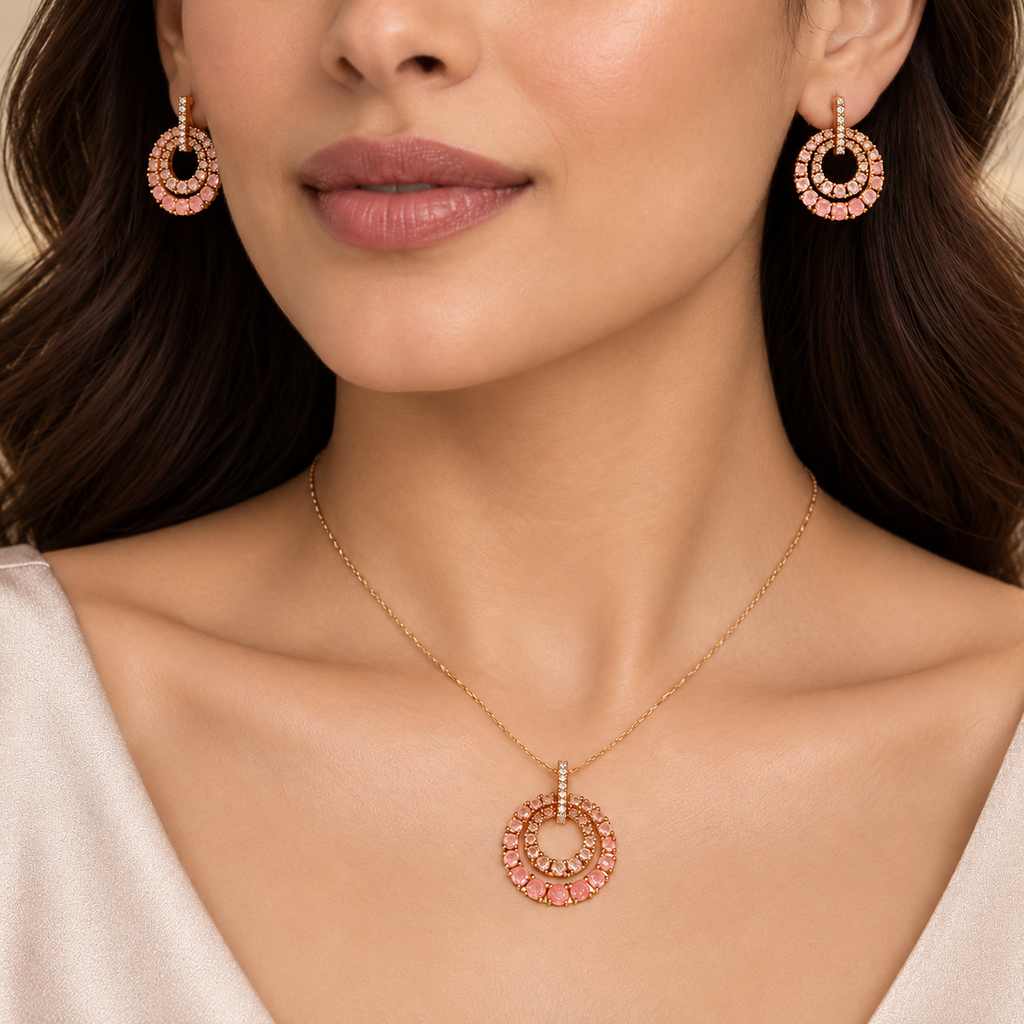 Peach Double Circle Crystal Pendant and Earrings Set