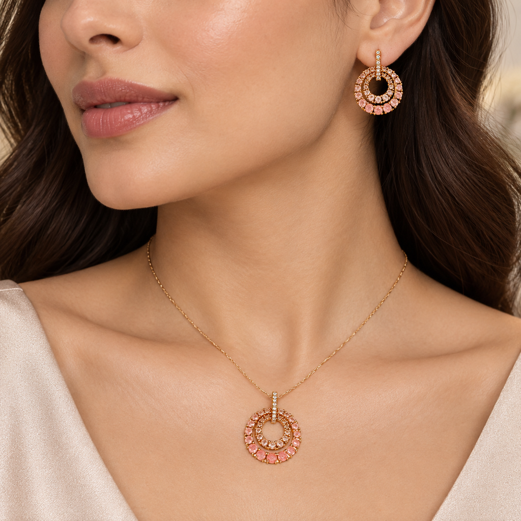 Peach Double Circle Crystal Pendant and Earrings Set