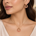 Peach Double Circle Crystal Pendant and Earrings Set