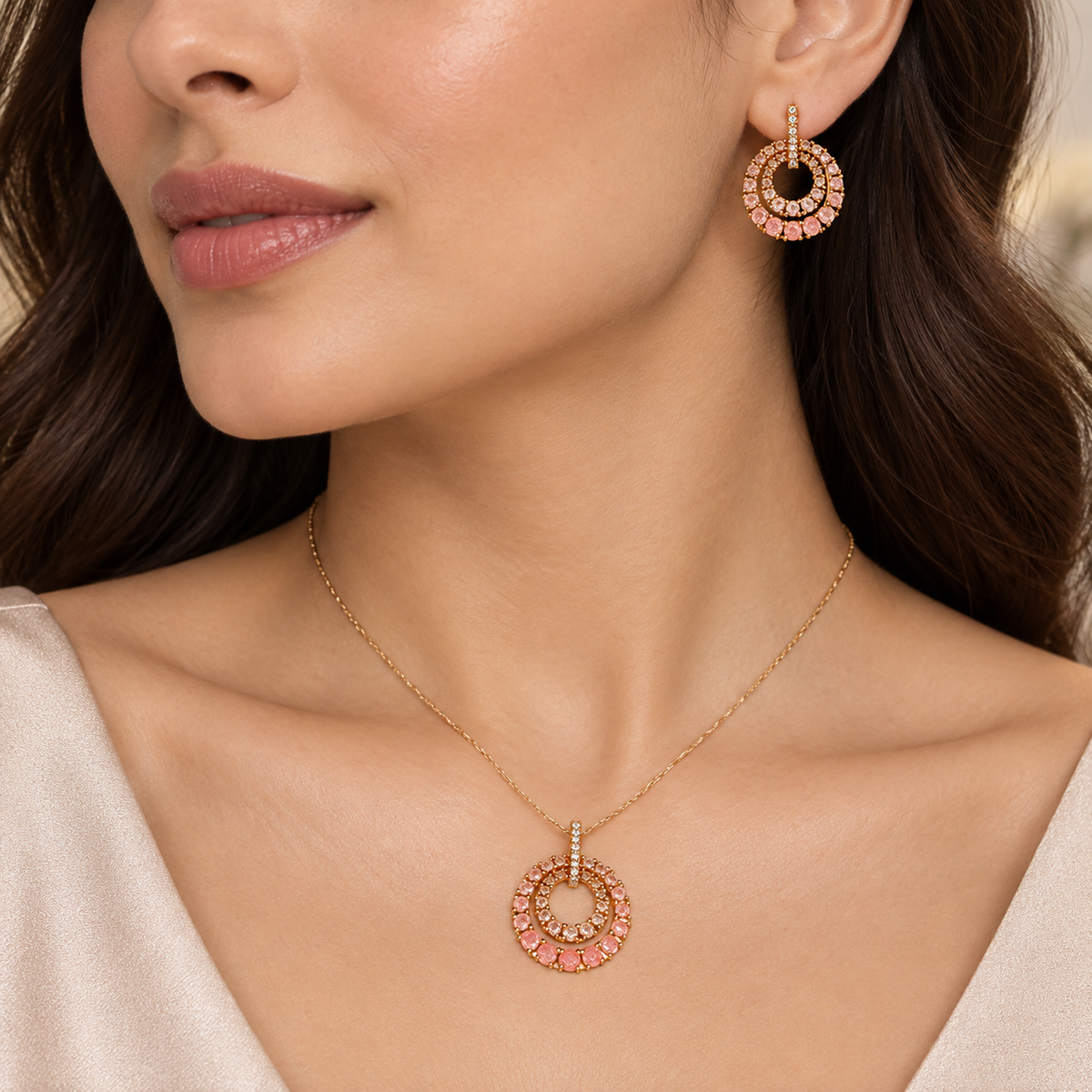Peach Double Circle Crystal Pendant and Earrings Set