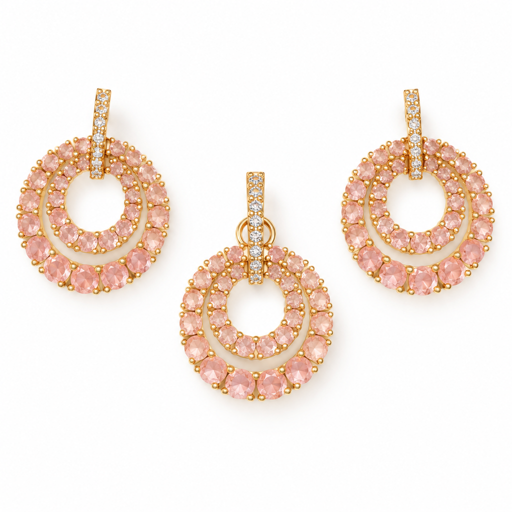 Peach Double Circle Crystal Pendant and Earrings Set