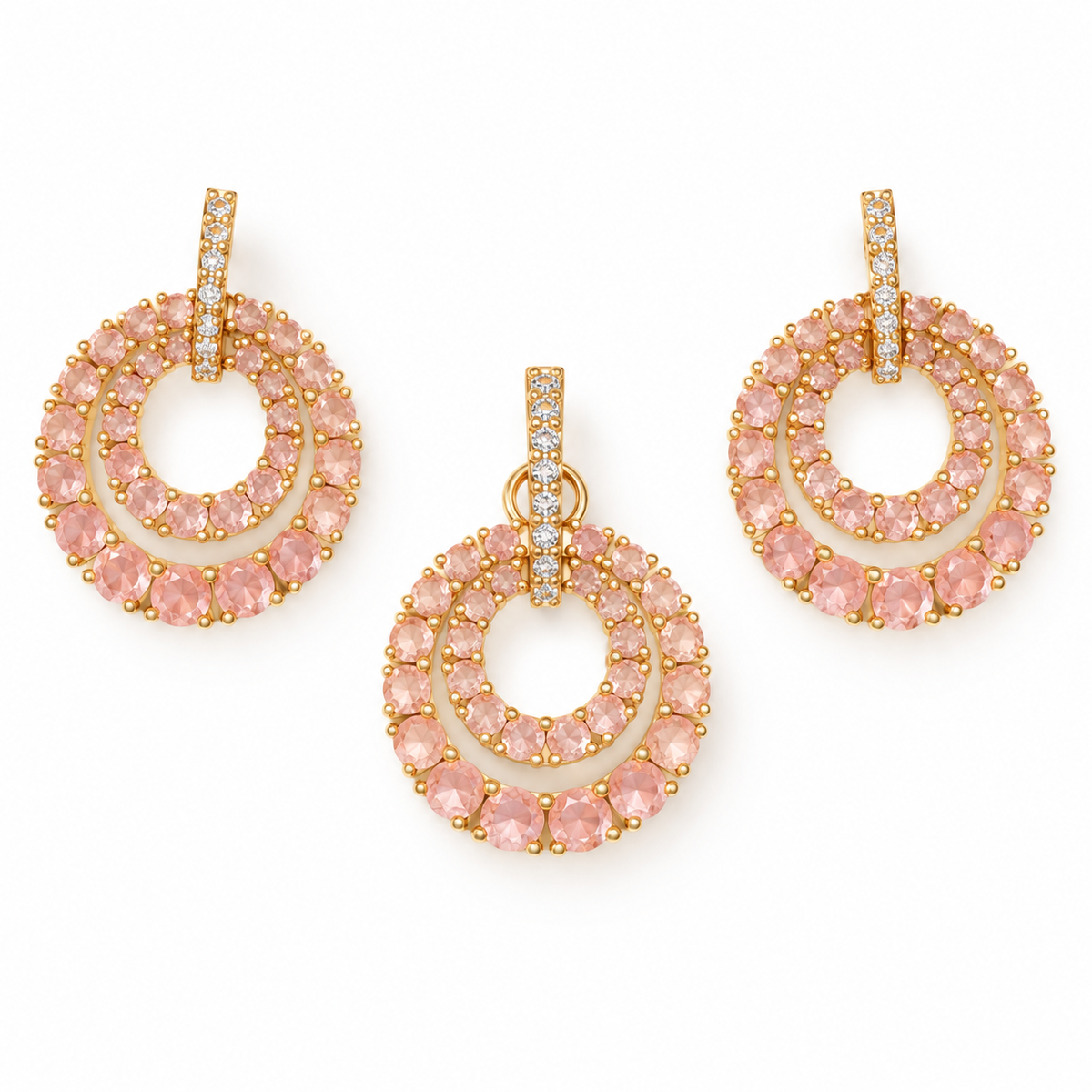Peach Double Circle Crystal Pendant and Earrings Set