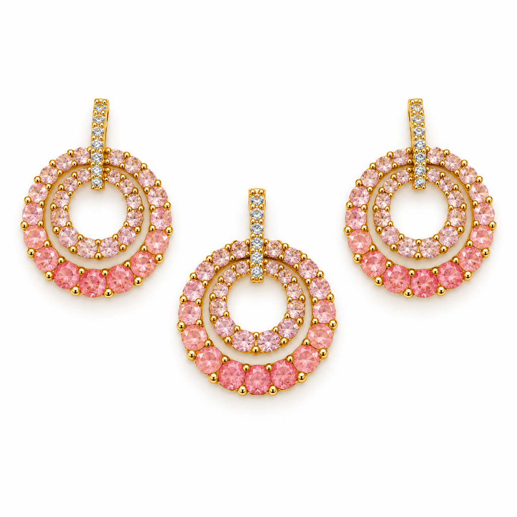 Peach Double Circle Crystal Pendant and Earrings Set