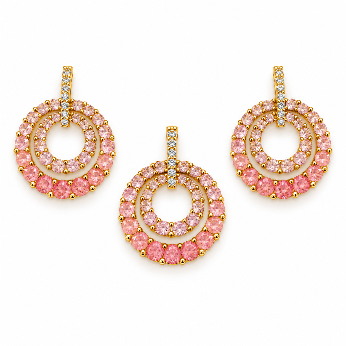 Peach Double Circle Crystal Pendant and Earrings Set