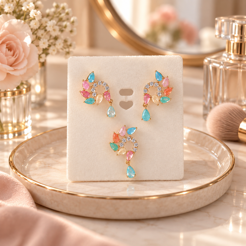 Pastel Teardrop Swirl Pendant and Earrings Set