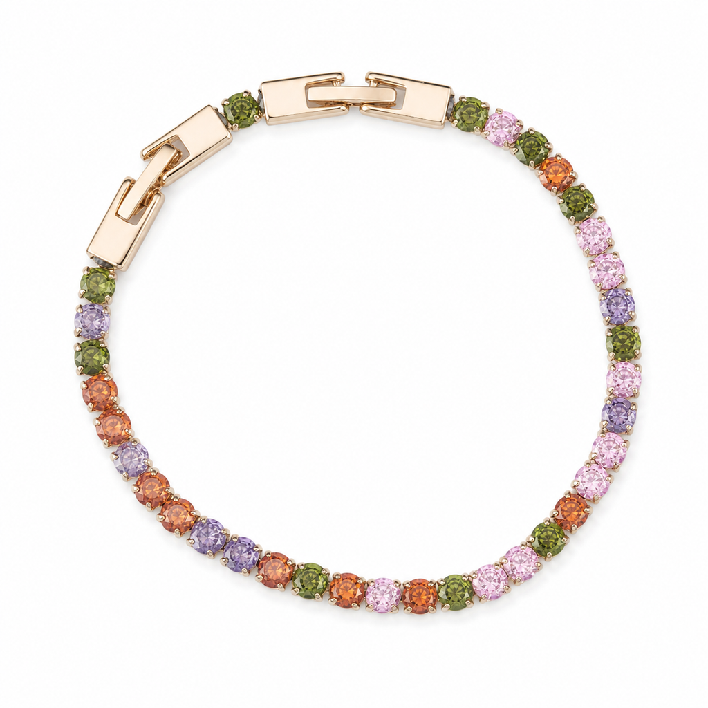 A multi-colored gemstone tennis bracelet with alternating green, orange, purple, and pink round stones set in a rose gold-tone band with a clasp, shown on a plain white background.