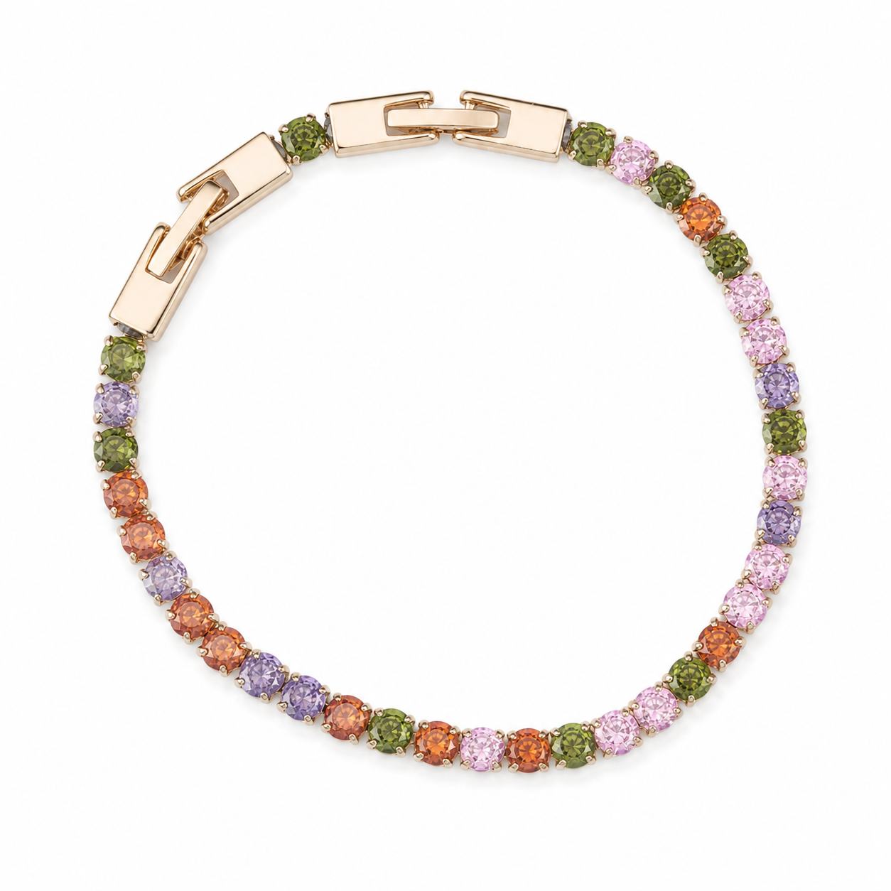 A multi-colored gemstone tennis bracelet with alternating green, orange, purple, and pink round stones set in a rose gold-tone band with a clasp, shown on a plain white background.