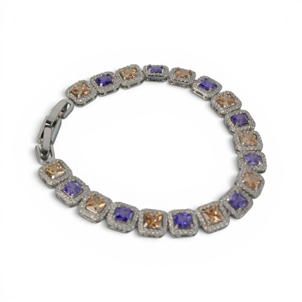 SVORA amethyst and peach champagne CZ halo tennis bracelet with princess-cut links set in silver.