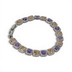 SVORA amethyst and peach champagne CZ halo tennis bracelet with princess-cut links set in silver.