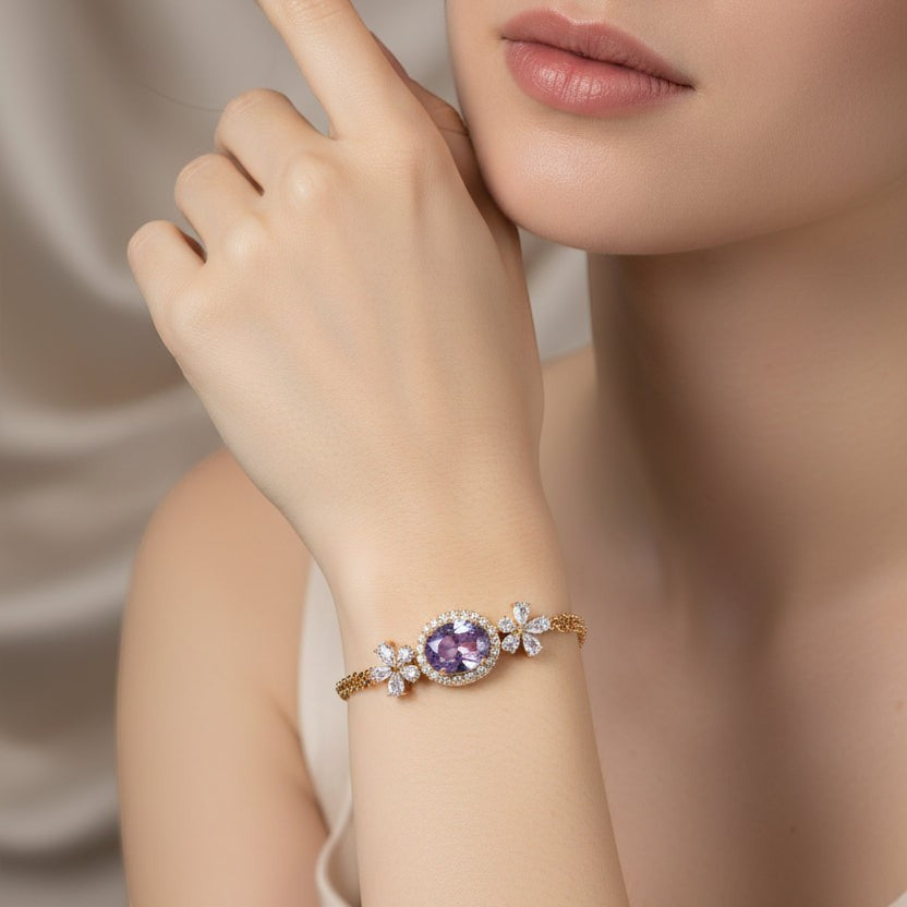 SVORA Amethyst Oval Layered Bracelet with CZ halo and floral accents on a rose gold chain. Waterproof, anti-tarnish.