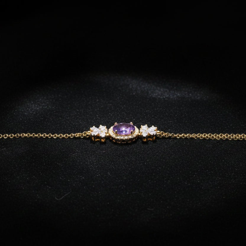 SVORA Amethyst Oval Layered Bracelet with CZ halo and floral accents on a rose gold chain. Waterproof, anti-tarnish.