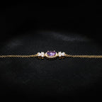 SVORA Amethyst Oval Layered Bracelet with CZ halo and floral accents on a rose gold chain. Waterproof, anti-tarnish.
