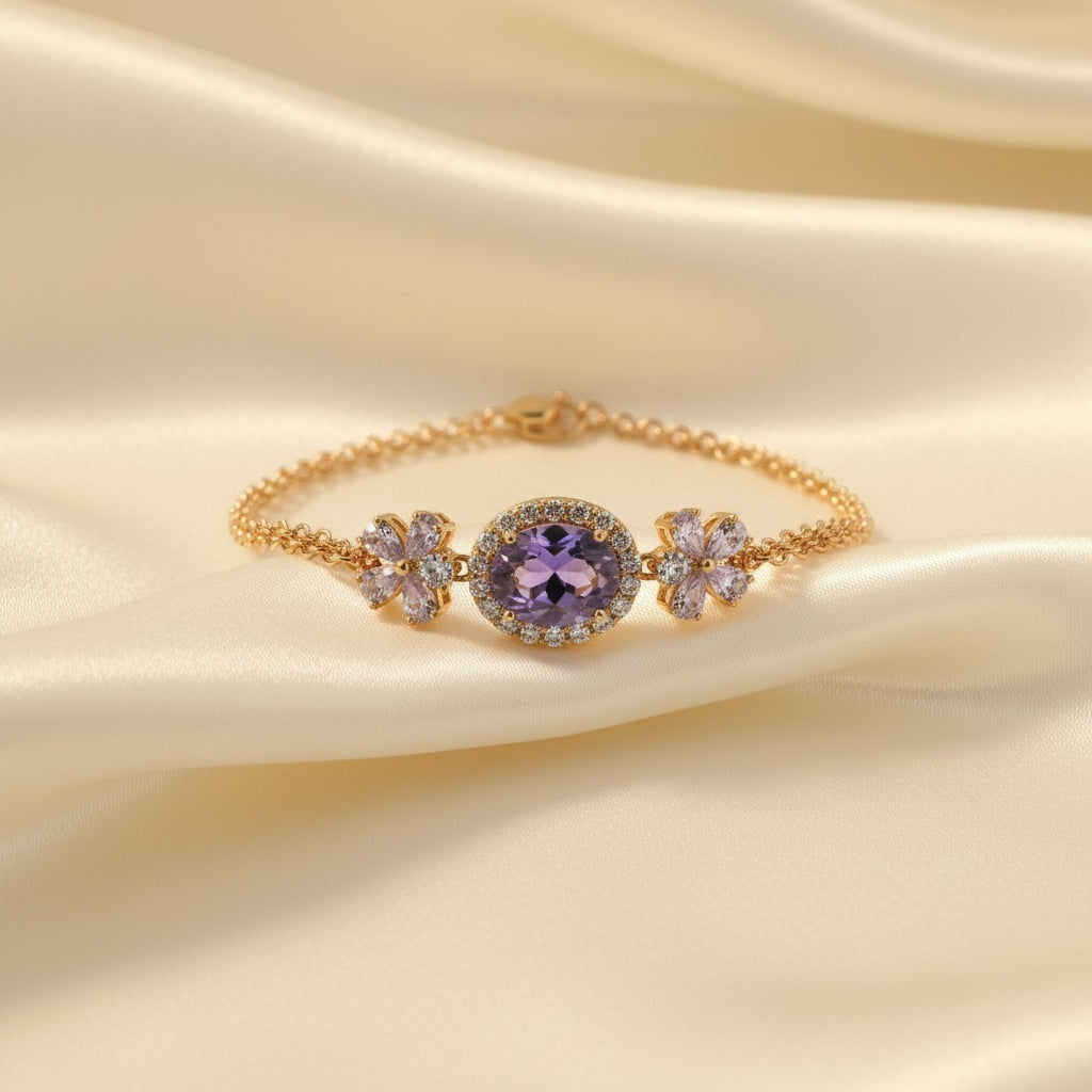 SVORA Amethyst oval layered bracelet with CZ halo and purple flower accents on a rose gold chain. Waterproof and anti-tarnish.