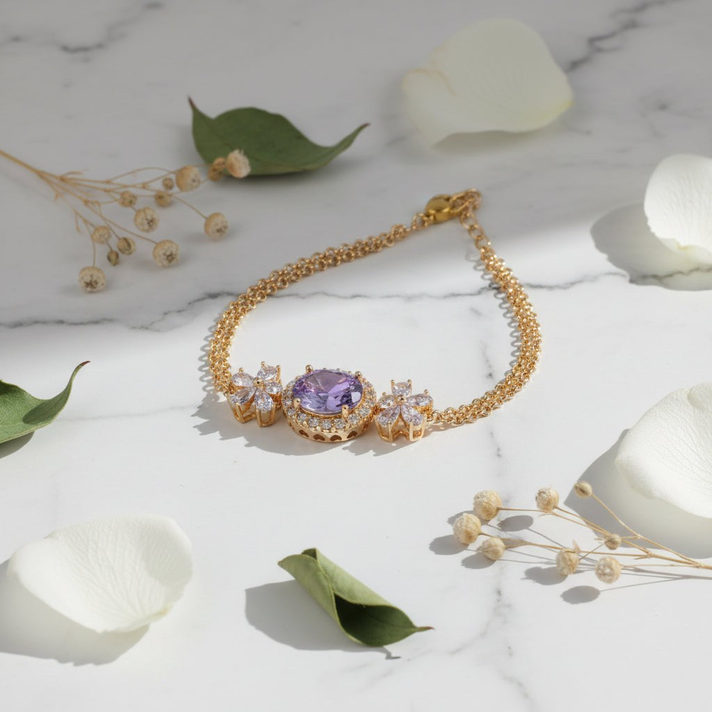 SVORA Amethyst oval layered bracelet with CZ halo and floral accents on a rose gold chain. Waterproof, anti-tarnish.