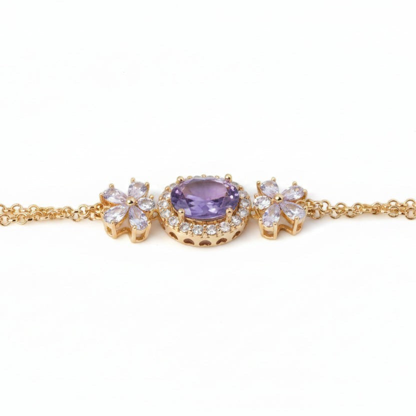 SVORA Amethyst oval layered bracelet with CZ halo and floral accents on a rose gold chain. Waterproof, anti-tarnish.