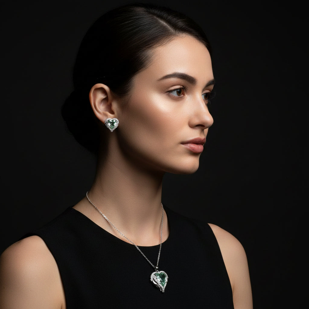 SVORA aqua heart necklace and earrings set with silver-tone pavé wings and crown detail. Features aqua crystal cubic zirconia.