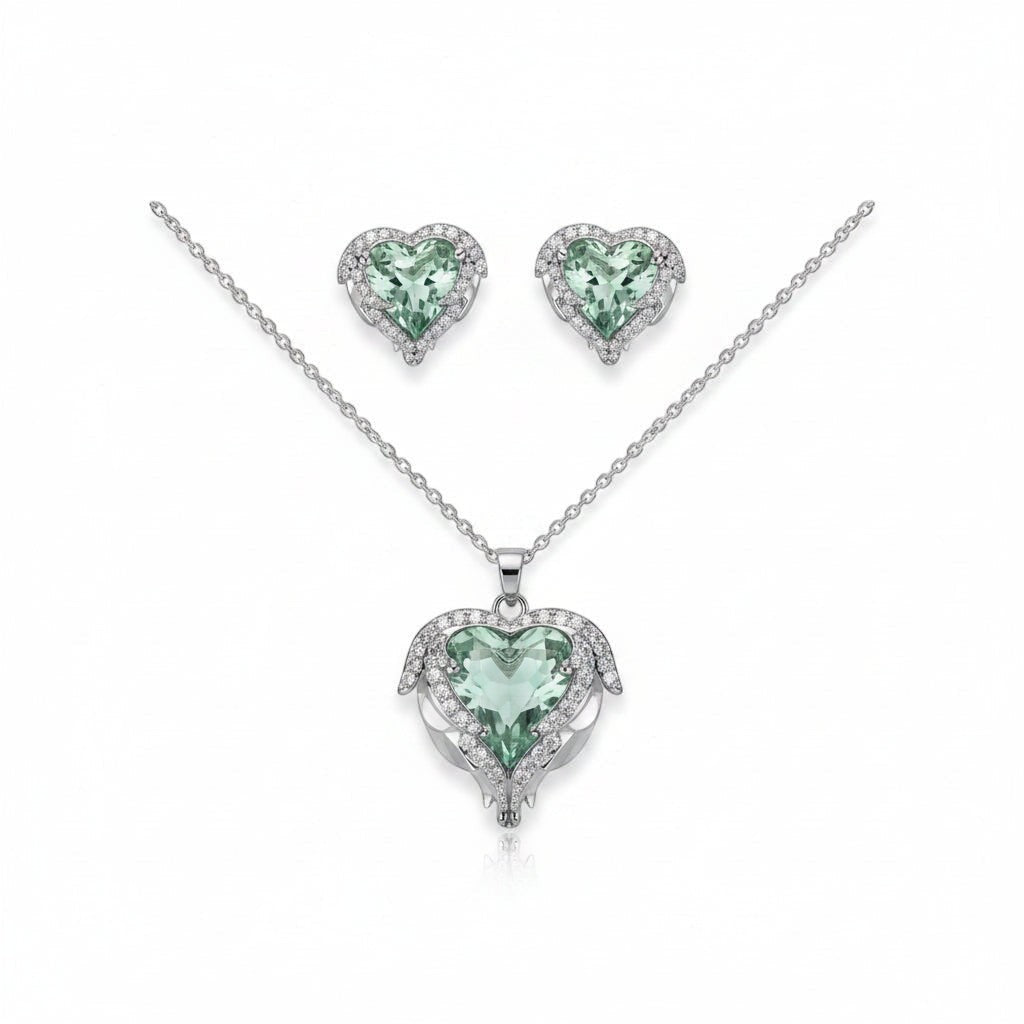 Aqua Heart Necklace Earrings Set