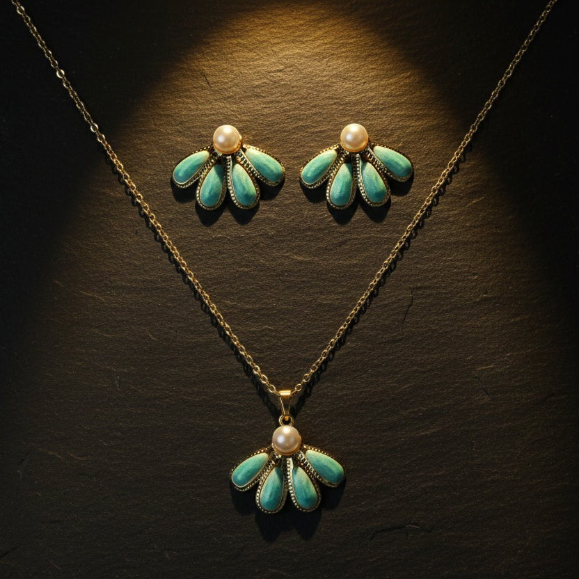 SVORA sea-green enamel fan flower necklace and earrings set with gold detail and pearl accent.
