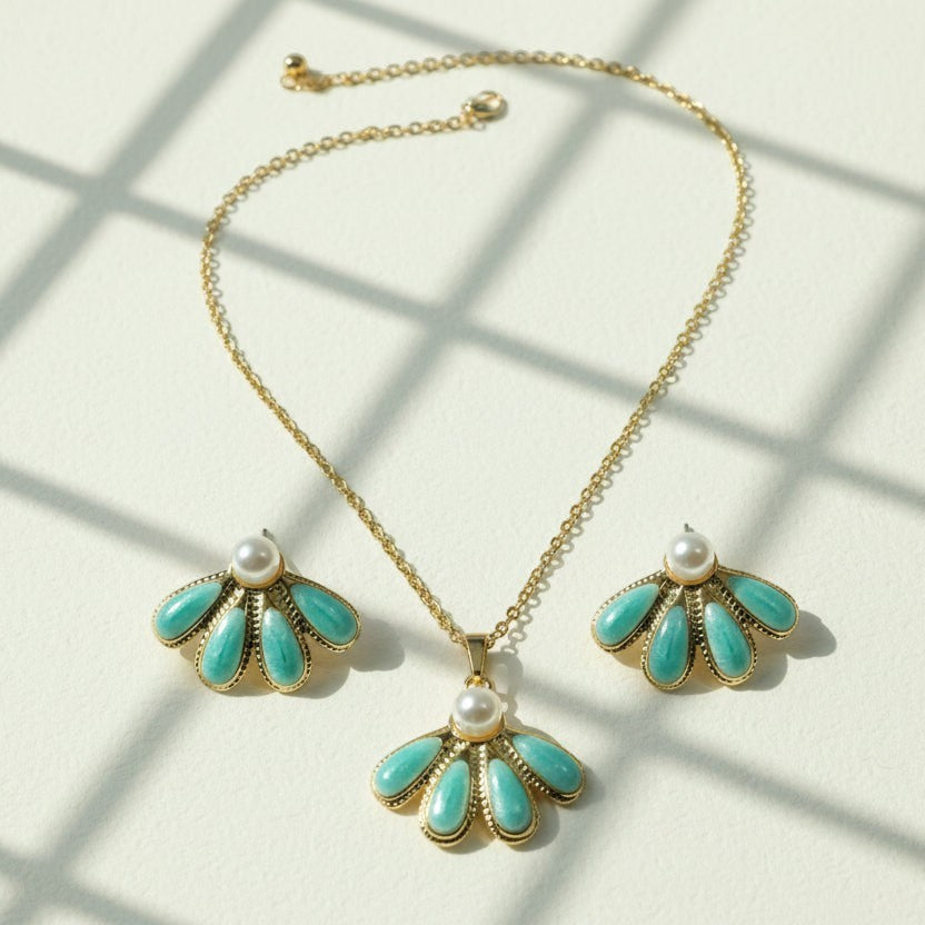 SVORA aqua pearl necklace and earrings set with gold-tone chain and fan-shaped sea-green enamel pendants.