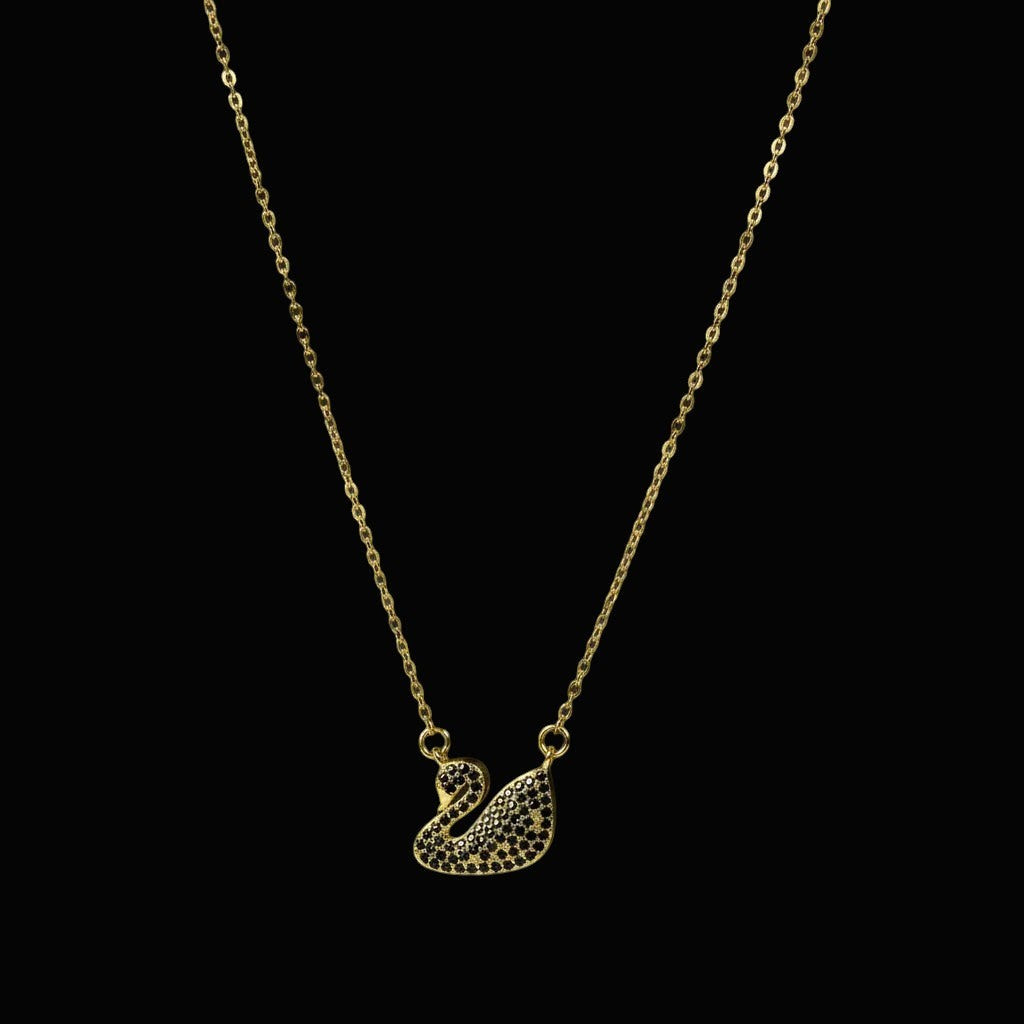 SVORA gold plated stainless steel necklace with a black swan pendant pavé-set in black CZ stones.
