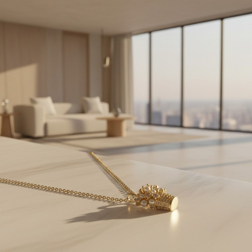 SVORA gold-plated stainless steel necklace with pearl and crystal embellishments, resembling a blossom basket.