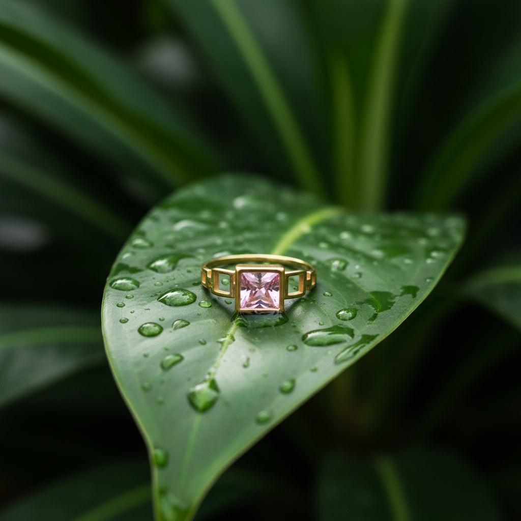 SVORA gold ring with a blush pink square-cut stone and geometric side details, set on a wet green leaf.