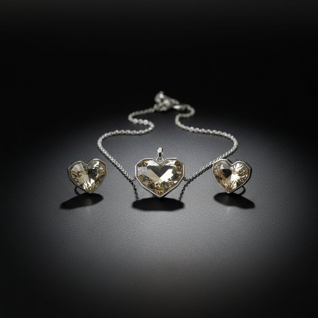 SVORA champagne crystal heart necklace and earrings set with silver bezels and chain. High polish finish.