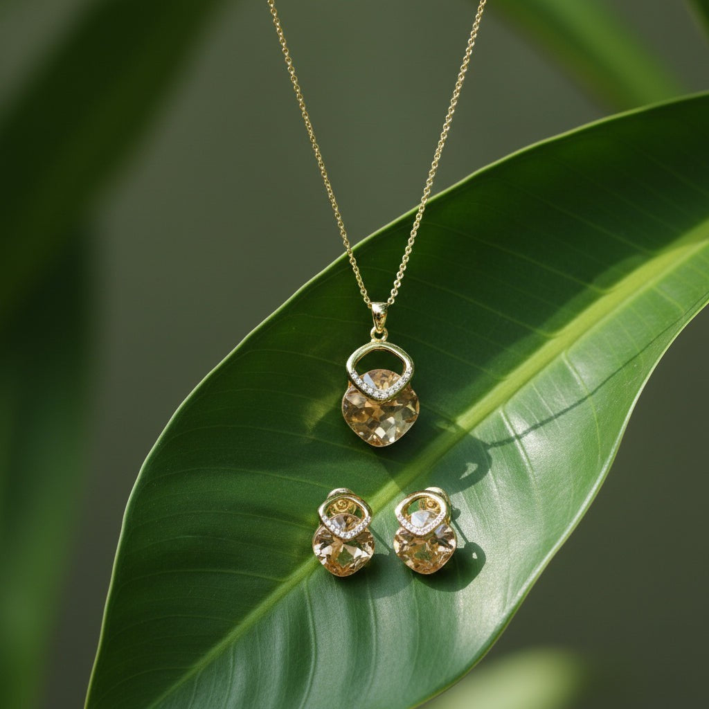 SVORA gold tone necklace and earrings set with champagne crystal pendants and cubic zirconia accents.