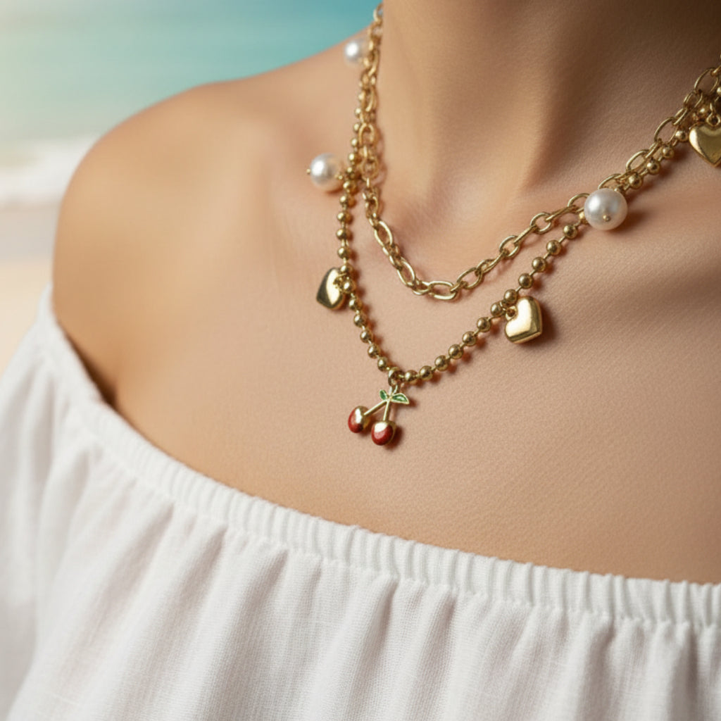 SVORA gold layered necklace with paperclip and ball-bead chains, featuring pearl, heart charms, and a red cherry pendant.