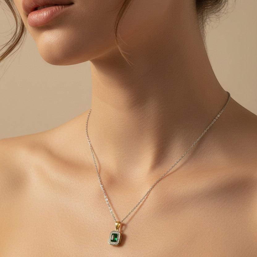 SVORA classic emerald necklace with 18k gold plating on stainless steel, featuring a vibrant green stone and pave details.