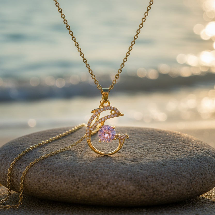 SVORA gold plated stainless steel necklace with a pavé dolphin framing a pink CZ solitaire stone.