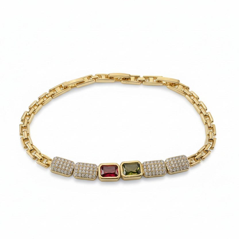 SVORA gold-tone stainless steel bracelet with red and green gemstones and pave crystal accents