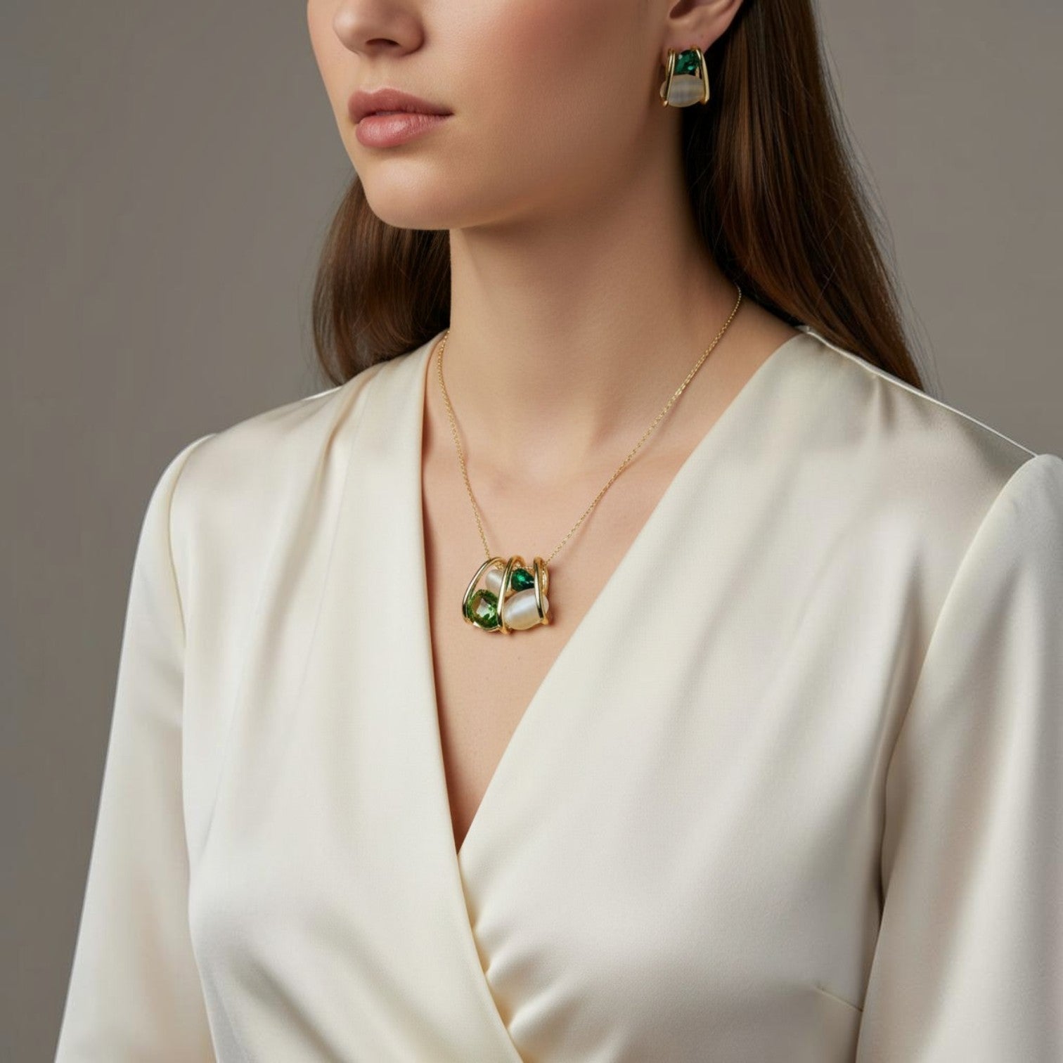 SVORA gold-tone necklace and earrings set with emerald and cream stones, featuring a caged design.