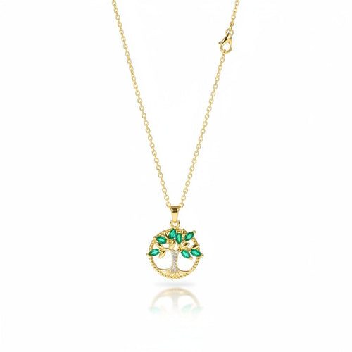 SVORA gold plated stainless steel necklace with emerald marquise CZ leaves and diamond accent Tree of Life pendant.