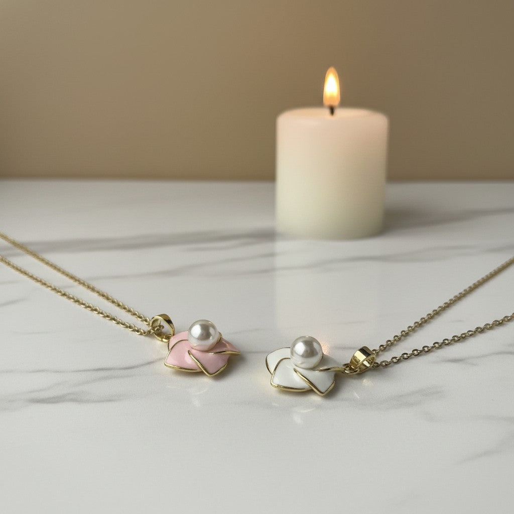 SVORA white and pink enamel pearl flower necklaces with gold chains, elegant floral pendant design.