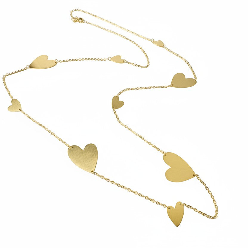 SVORA gold-tone stainless steel long drape necklace with multiple polished heart motifs.