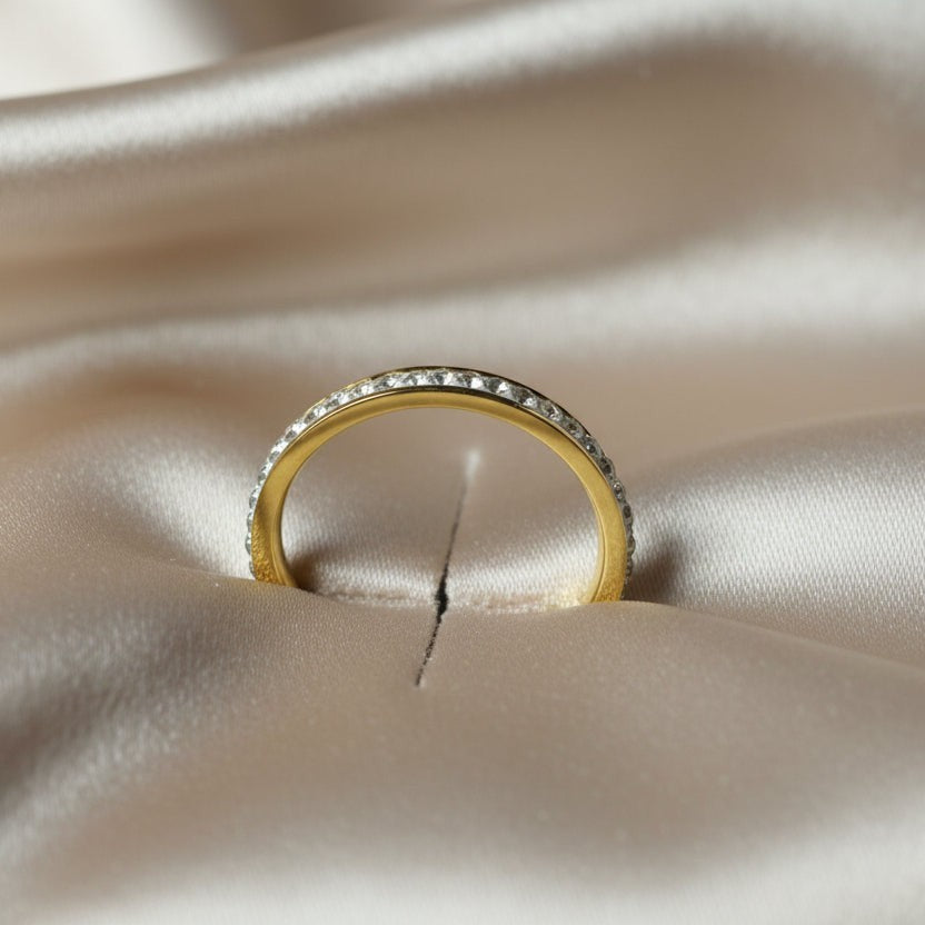 SVORA Lumiere Stack Eternity Ring, gold-plated stainless steel band with full circle of clear pavé stones.