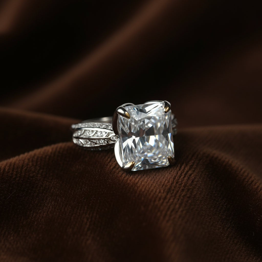 SVORA Ethereal Botanica Solitaire Ring with princess-cut clear stone and leaf-motif band, rhodium-plated stainless steel.