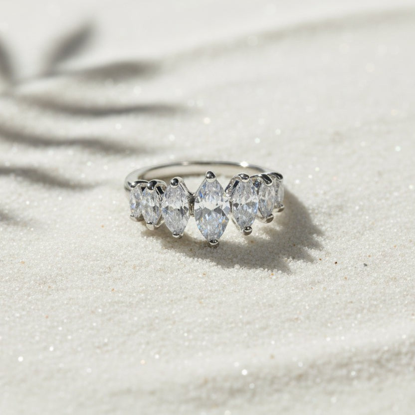SVORA Ethereal Crystal Crown Ring with seven marquise-cut clear stones on a rhodium-plated stainless steel band.