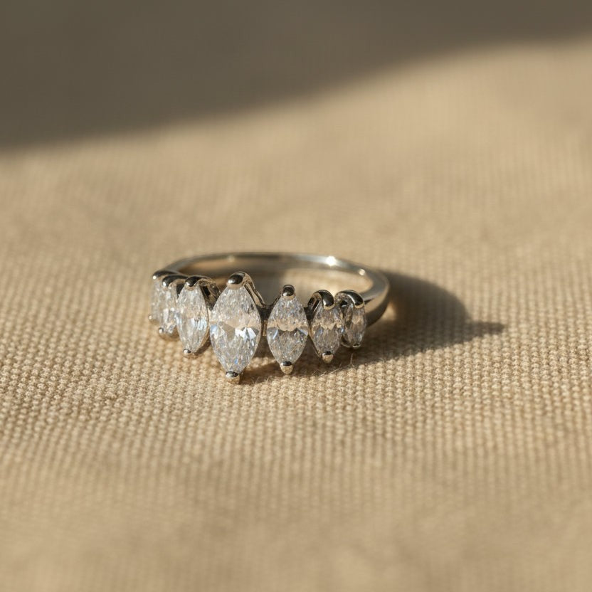 SVORA Ethereal Crystal Crown Ring with seven marquise-cut clear stones on a rhodium-plated stainless steel band.