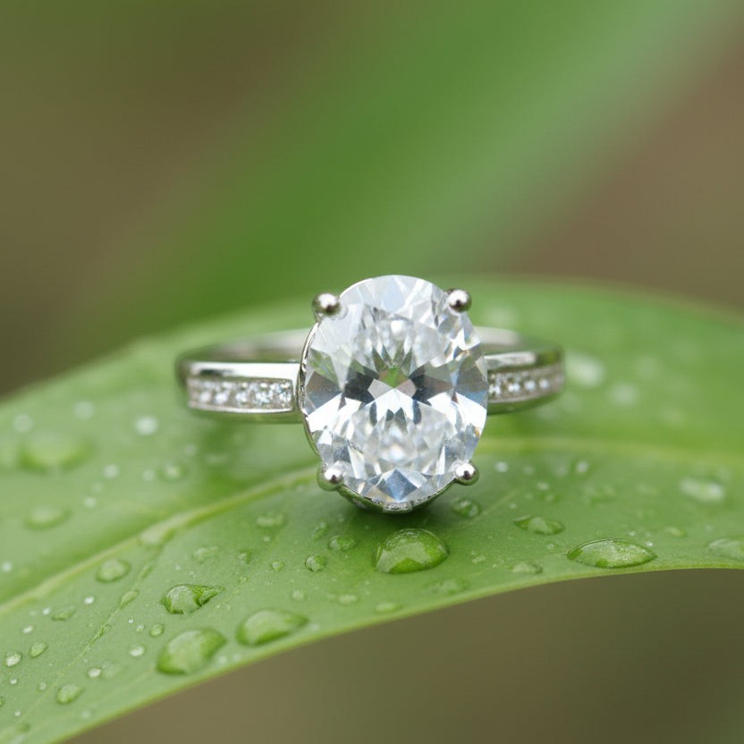 SVORA Ethereal Diamond Solitaire Ring with oval-cut clear stone and channel-set baguette band on a green leaf.