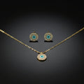SVORA gold tone stainless steel evil eye necklace and earrings set with cubic zirconia and turquoise.