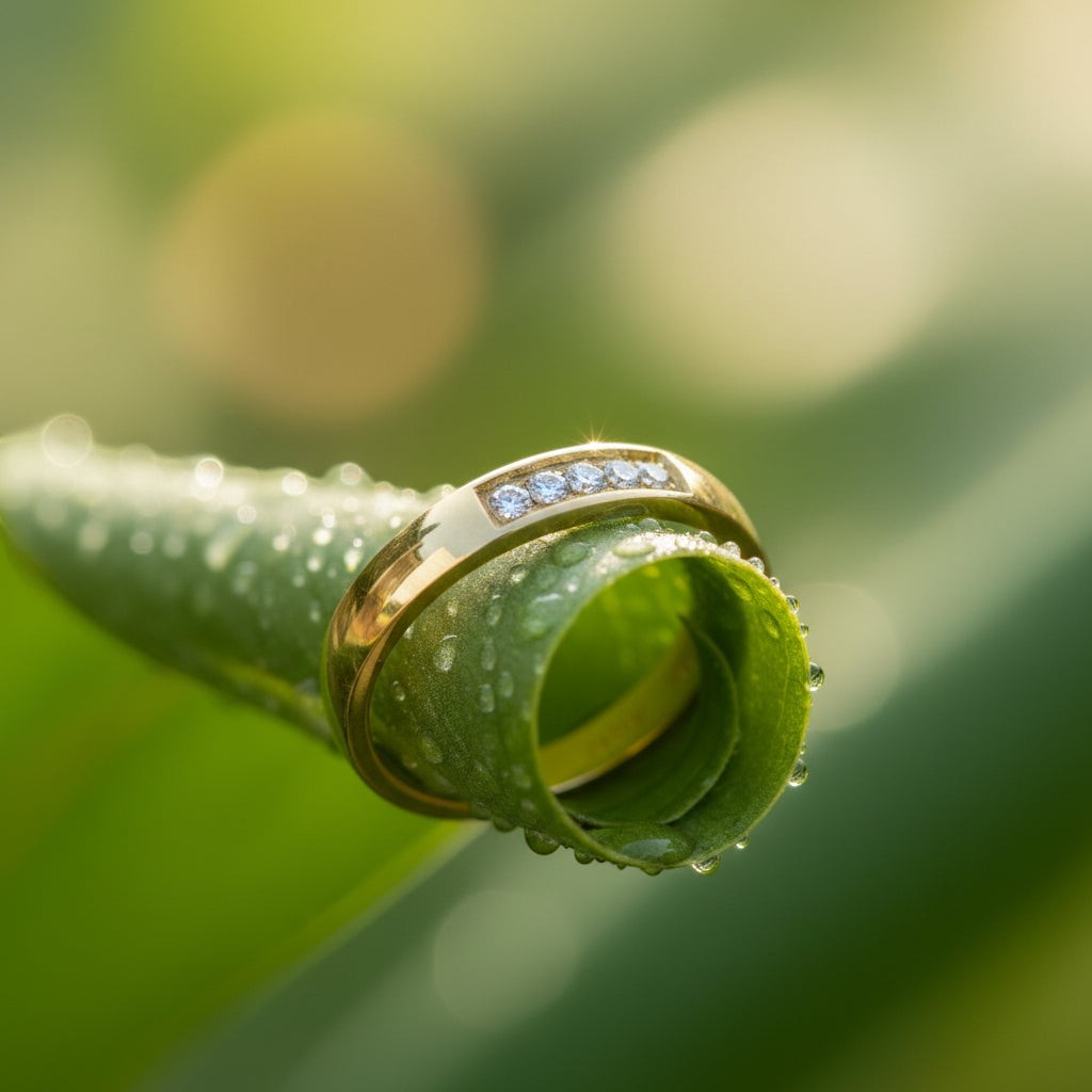 SVORA Lumiere Promise Five Stone Ring in gold-plated stainless steel with five small diamonds set in a channel.