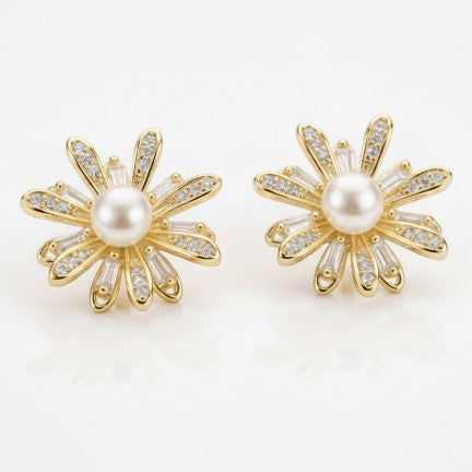 SVORA gold flower bloom pearl stud earrings with pavé and baguette crystals