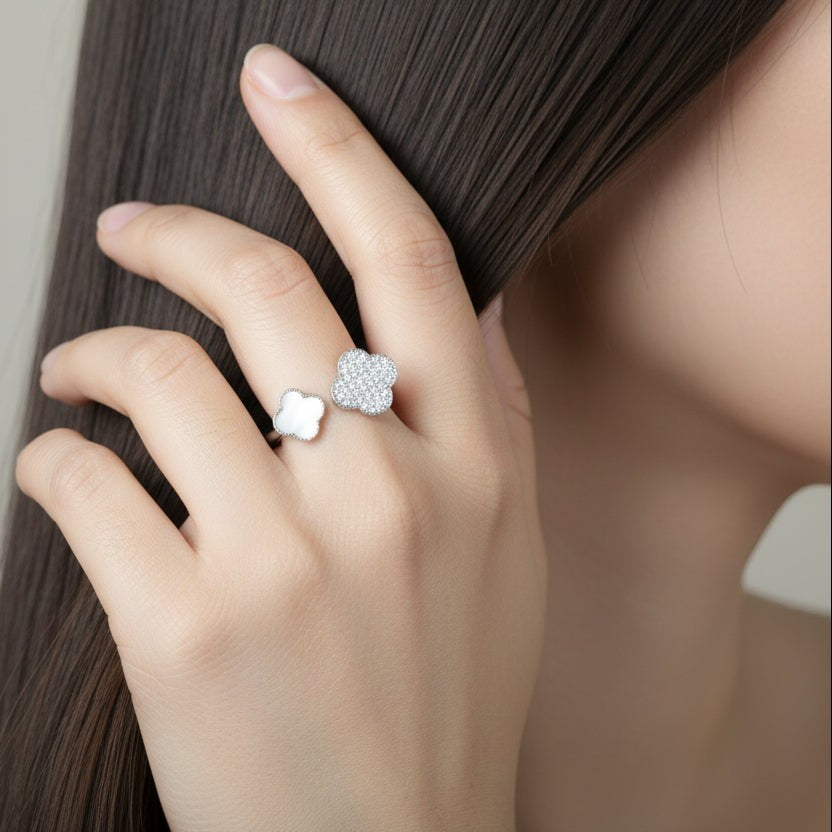 SVORA Toi et Moi Fortune Clover Ring with pavé clear stones and mother of pearl on a silver band.