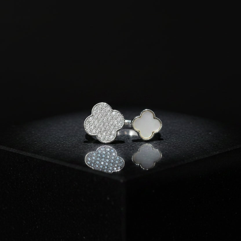 SVORA Toi et Moi Fortune Clover Ring with pavé clear stones and mother of pearl on a silver band.
