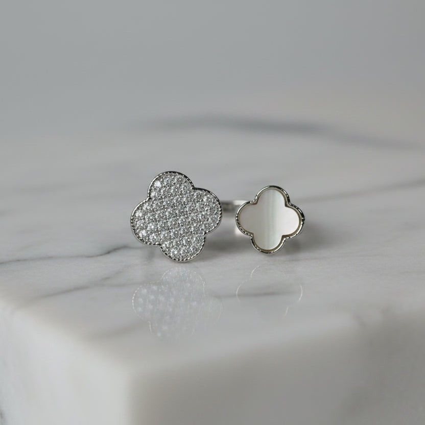 SVORA Toi et Moi Fortune Clover Ring with pavé clear stones and mother-of-pearl on a silver band.